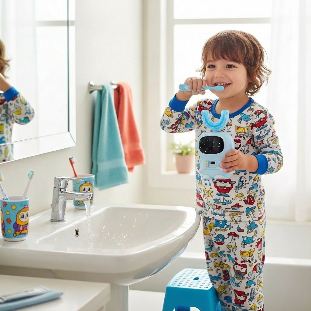 Bendi Kids U-Shaped Electric Toothbrush Ages 2-7 – 360° Mouthguard Design with Memory, 5 Brushing Modes & Multiple Heads Soft Silicone Auto Toothbrush for Toddlers & Children – Travel-Friendly (Blue)