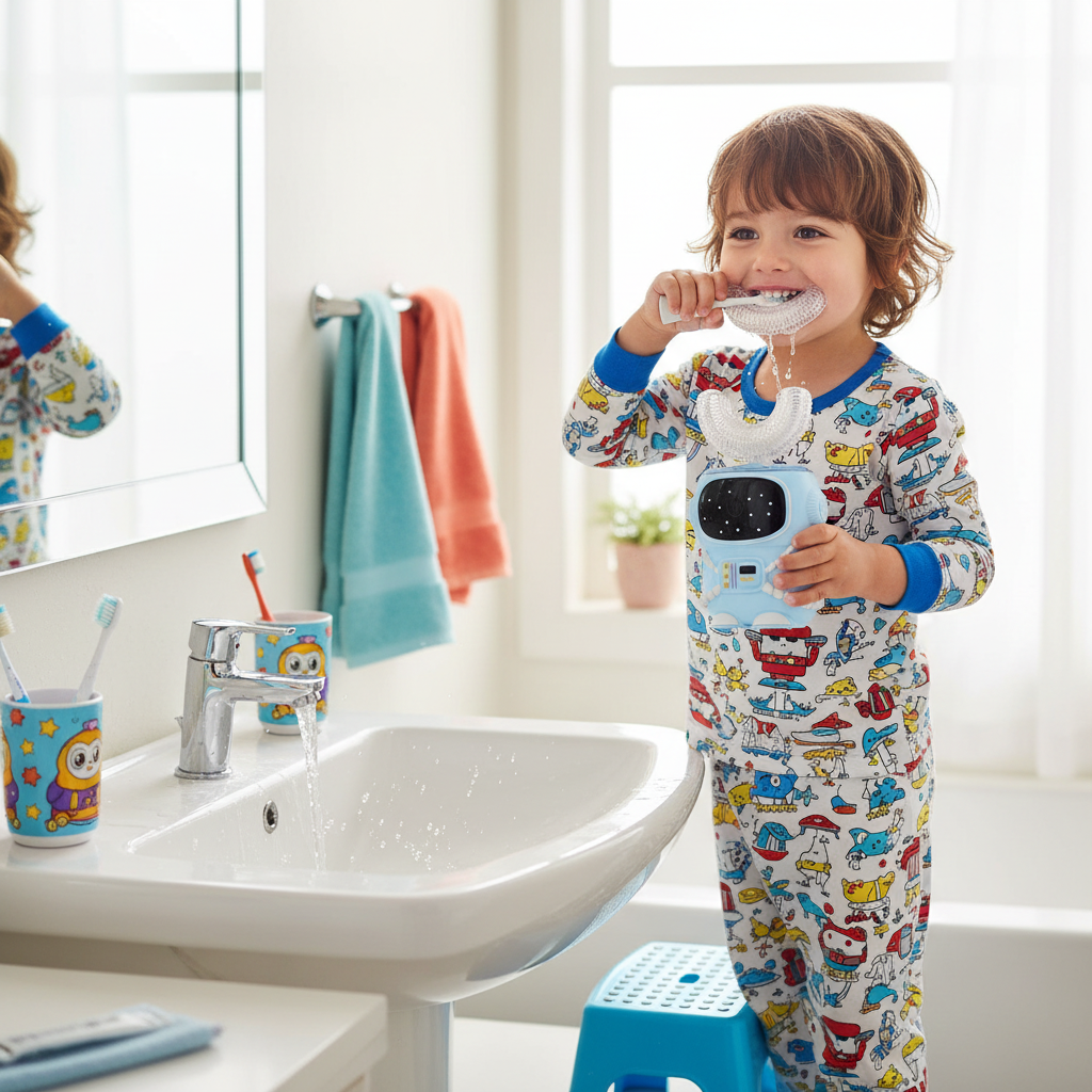 Bendi Kids U-Shaped Electric Toothbrush Ages 2-7 – 360° Mouthguard Design with Memory, 5 Brushing Modes & Multiple Heads Soft Silicone Auto Toothbrush for Toddlers & Children – Travel-Friendly (Blue)