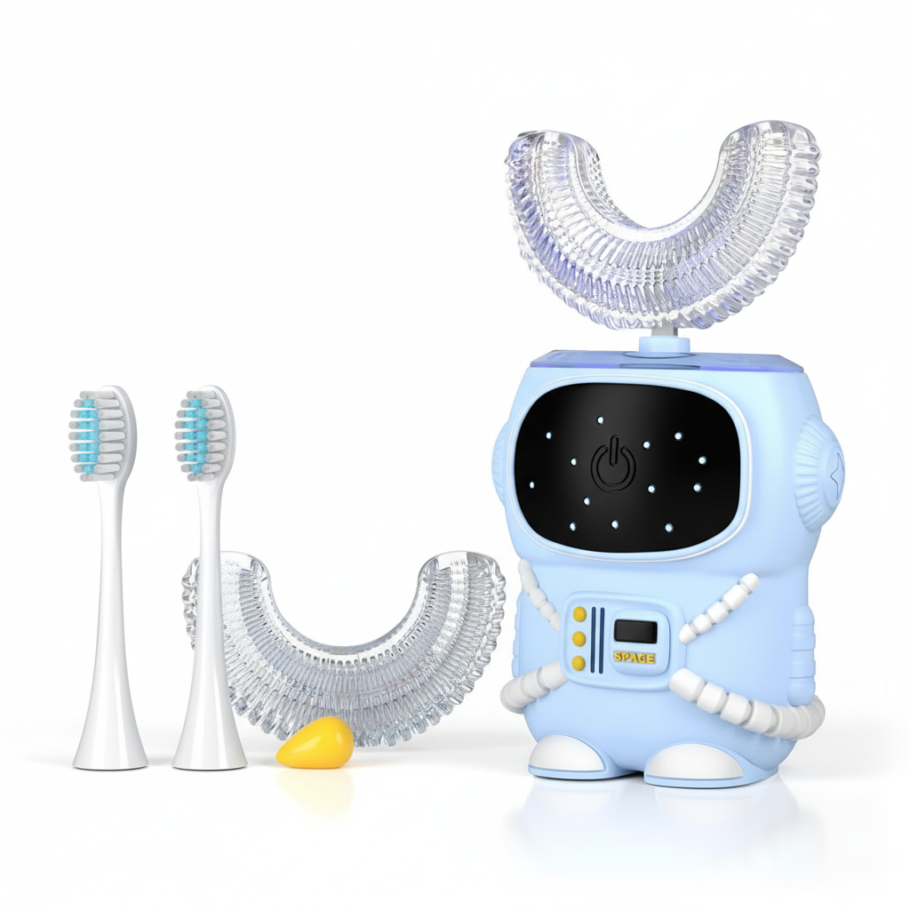 Bendi Kids U-Shaped Electric Toothbrush Ages 2-7 – 360° Mouthguard Design with Memory, 5 Brushing Modes & Multiple Heads Soft Silicone Auto Toothbrush for Toddlers & Children – Travel-Friendly (Blue)