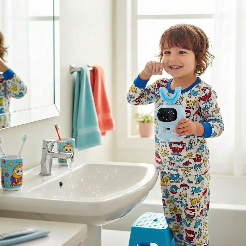 Bendi Kids U-Shaped Electric Toothbrush Ages 2-7 – 360° Mouthguard Design with Memory, 5 Brushing Modes & Multiple Heads Soft Silicone Auto Toothbrush for Toddlers & Children – Travel-Friendly (Blue)