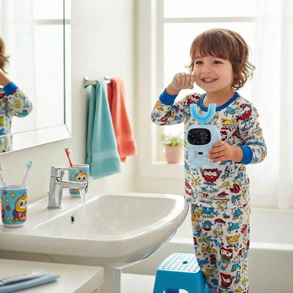 Bendi Kids U-Shaped Electric Toothbrush Ages 2-7 – 360° Mouthguard Design with Memory, 5 Brushing Modes & Multiple Heads Soft Silicone Auto Toothbrush for Toddlers & Children – Travel-Friendly (Blue)