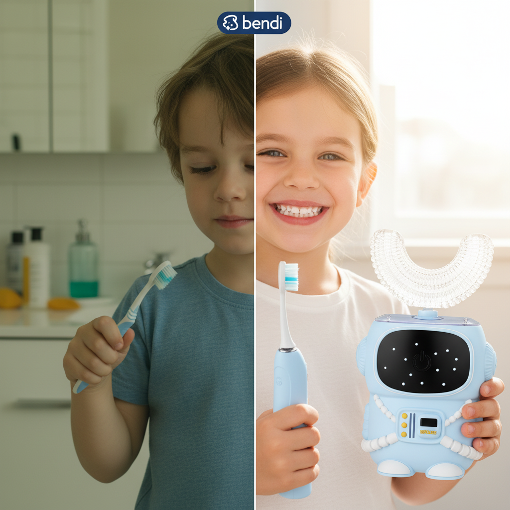 Bendi Kids U-Shaped Electric Toothbrush Ages 2-7 – 360° Mouthguard Design with Memory, 5 Brushing Modes & Multiple Heads Soft Silicone Auto Toothbrush for Toddlers & Children – Travel-Friendly (Blue)